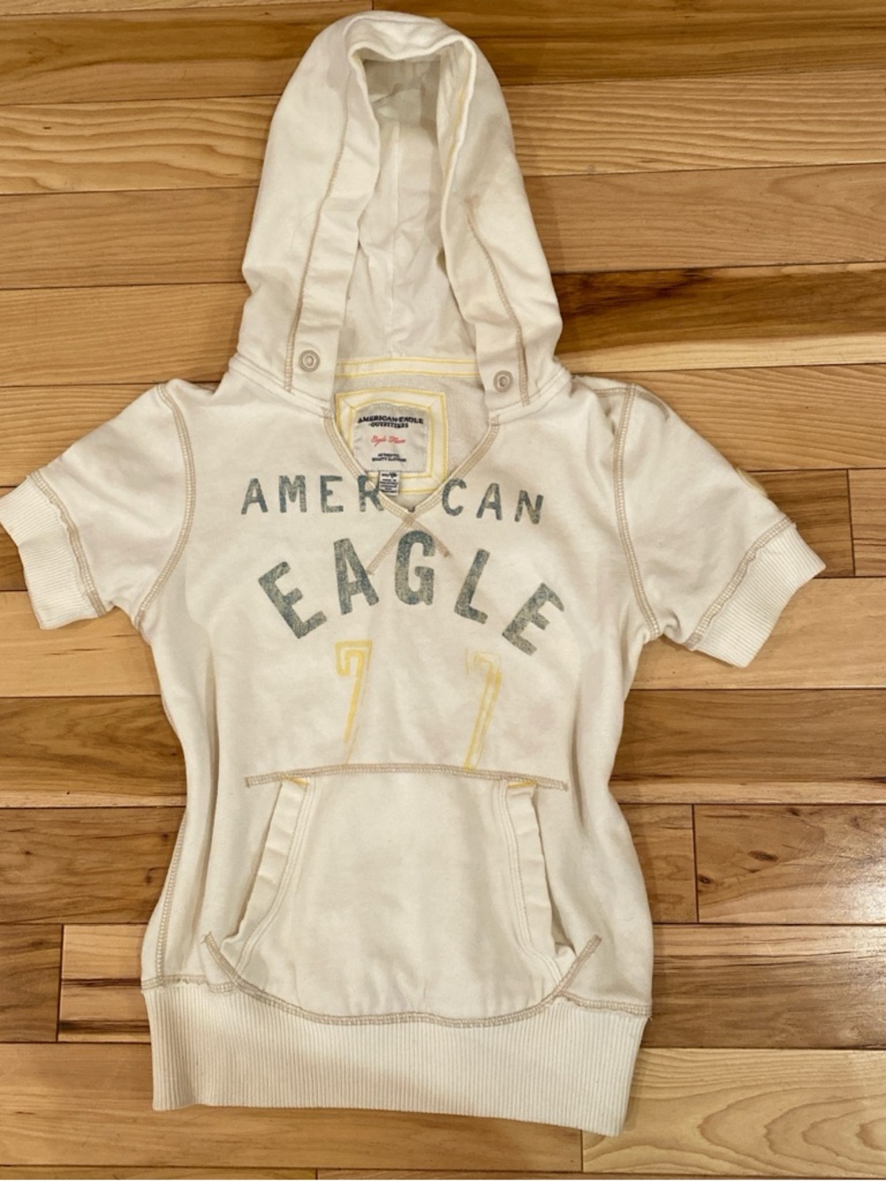 American Eagle Cream Hooded Short-Sleeve Top